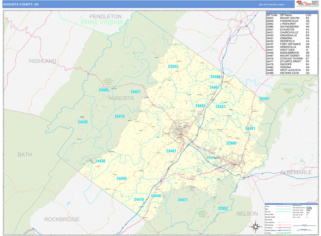 Augusta County VA Zip Code Wall Map Basic Style By MarketMAPS MapSales