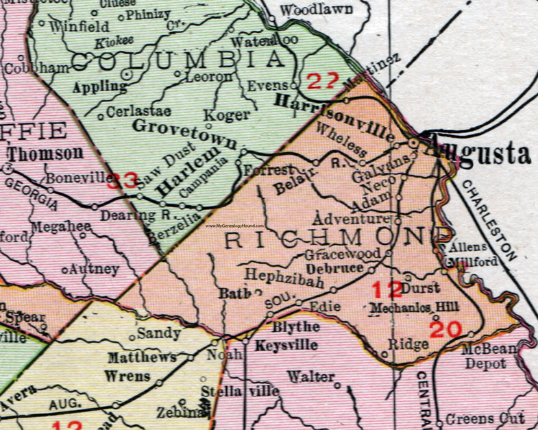 Richmond County Georgia 1911 Map Rand McNally Augusta Gracewood 